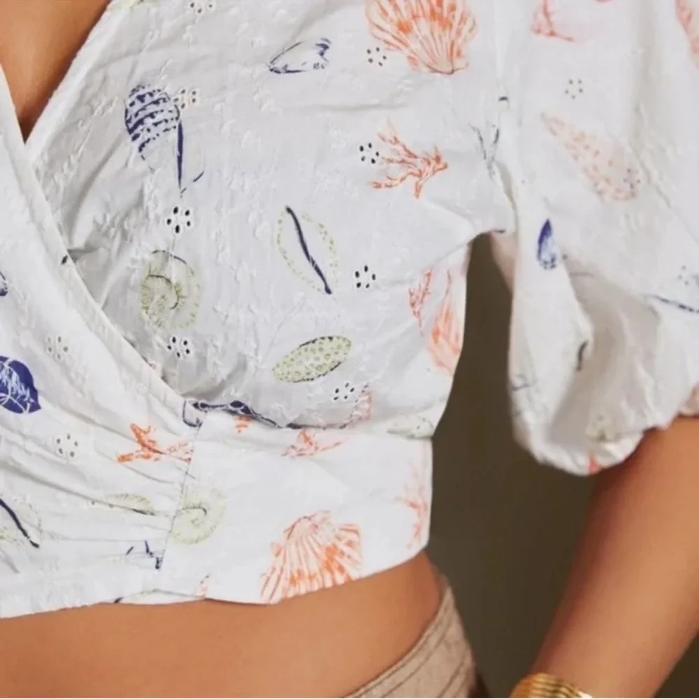 Anthropologie White and Orange Pajama Set with Whimsical Design Seashells Sea M2 - Picture 8 of 10